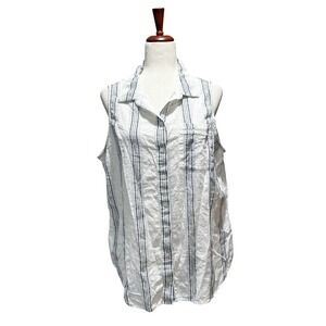Aventura Shirt XL Women's Organic Cotton Blue Striped Sleeveless‎ Button Down